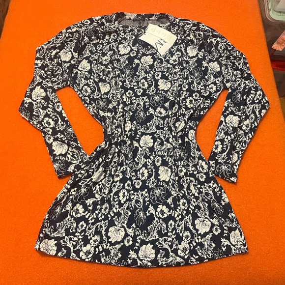 Zara navy blue and white floral jacquard long sleeve mini dress NWT - Picture 3 of 11